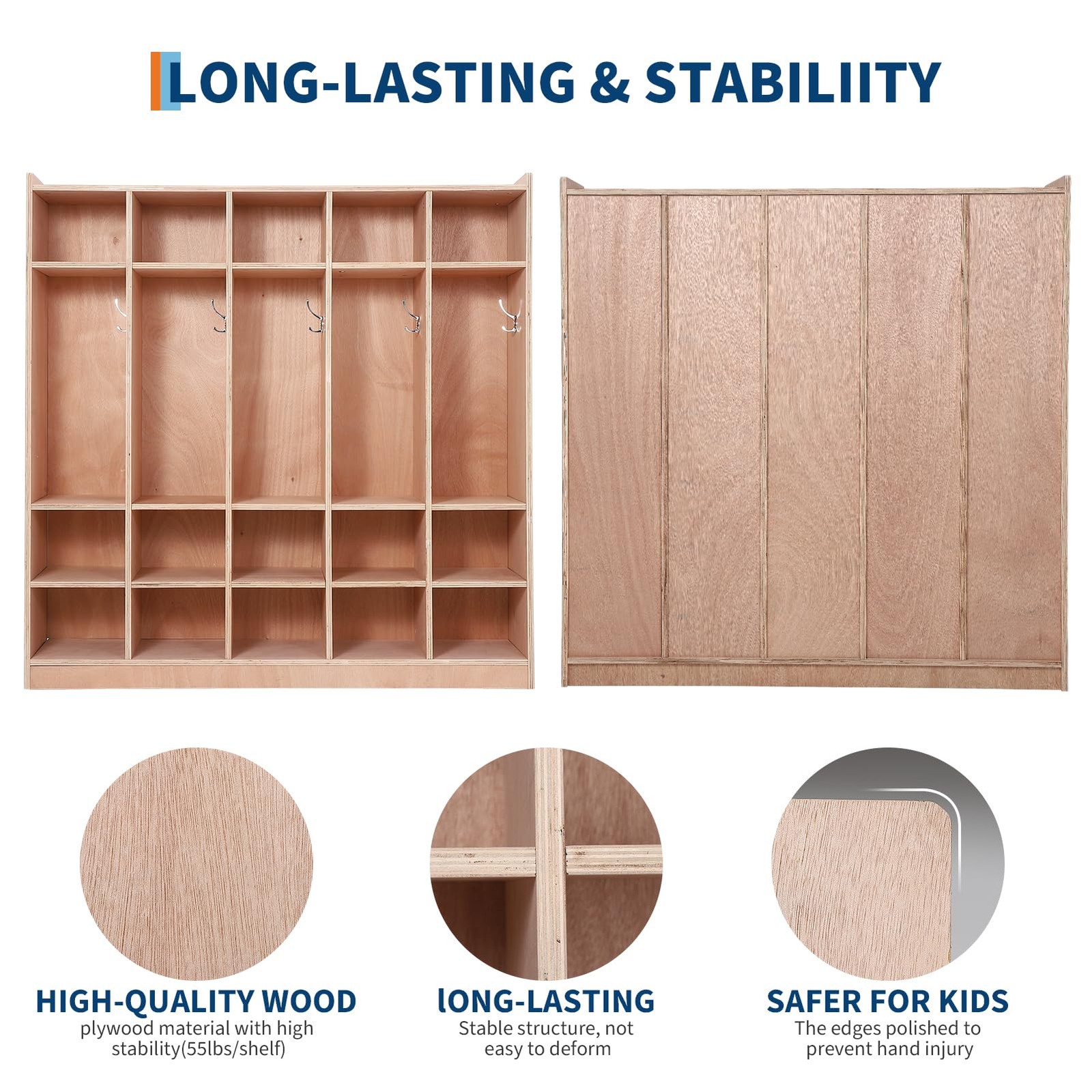 5-Section School Coat Locker 10 Cubbies with 4 Casters 5 Hooks 2 Storage Boxes