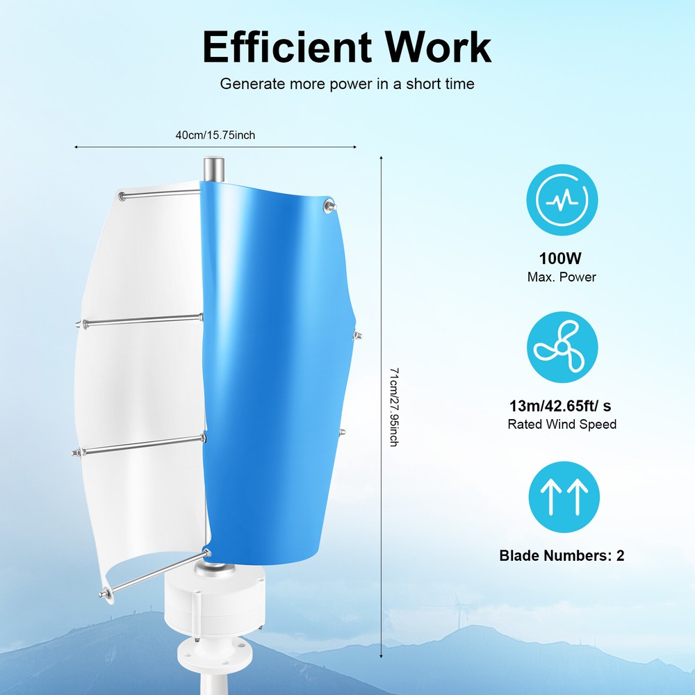 100W Vertical Axis Wind Turbine Generator with Smart Controller for Home Use