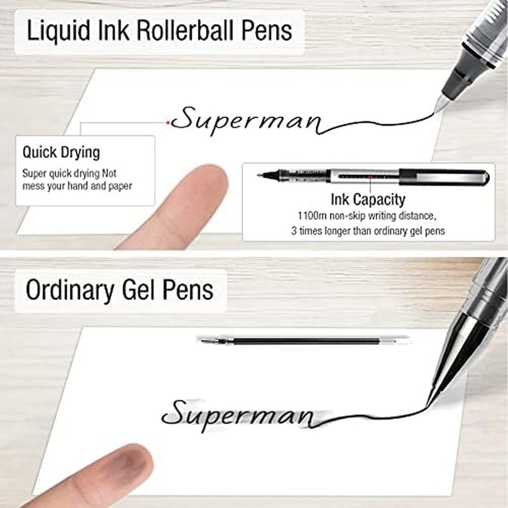 Rollerball Pens Fine Tip: 16 Pack 0.5mm Black Pens for Note-Taking, Writing, ...
