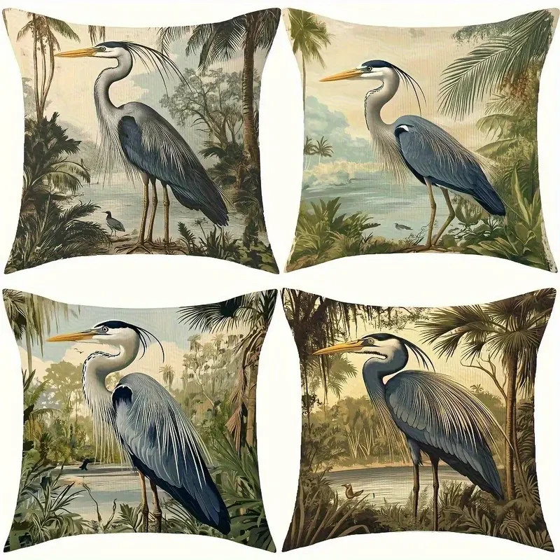 Stunning 4 PC Set Great Blue HERON  Pillow Covers  18"x18" Luxury Home Decor