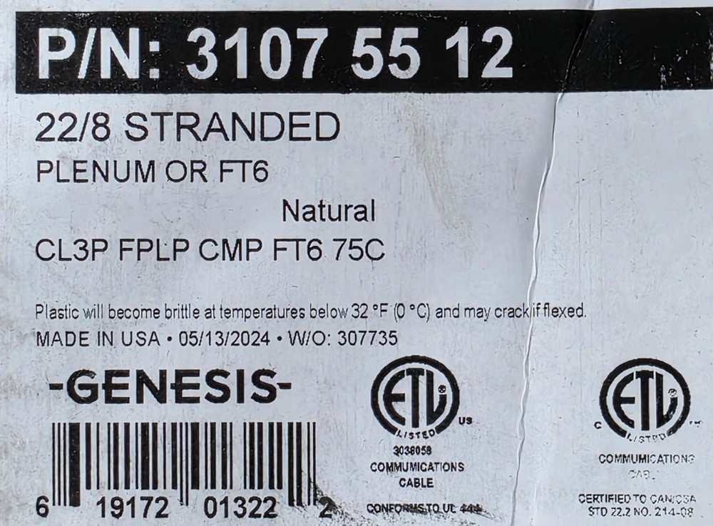 Honeywell Genesis 3107 22/8C Stranded Security/Control Cable Plenum White /50ft