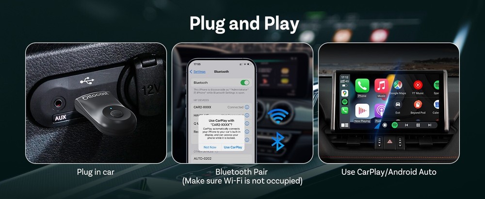 Ottocast Mini Wireless CarPlay+Android Auto Adapter w/Smart One-Click Button *US