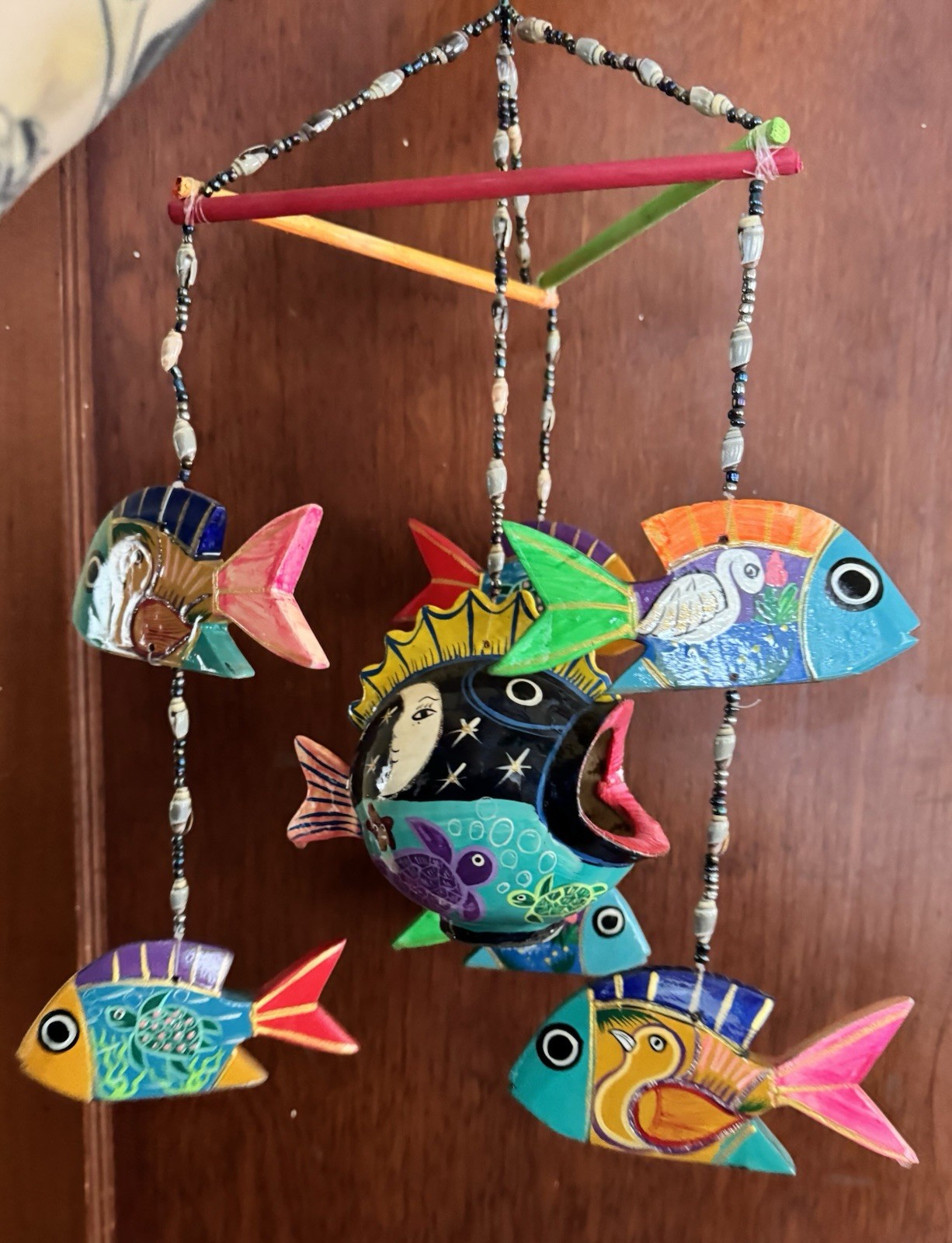 Hand Made Mexican Folk Art Fish Wooden Mobile Painted Colorful Windchime TZ1