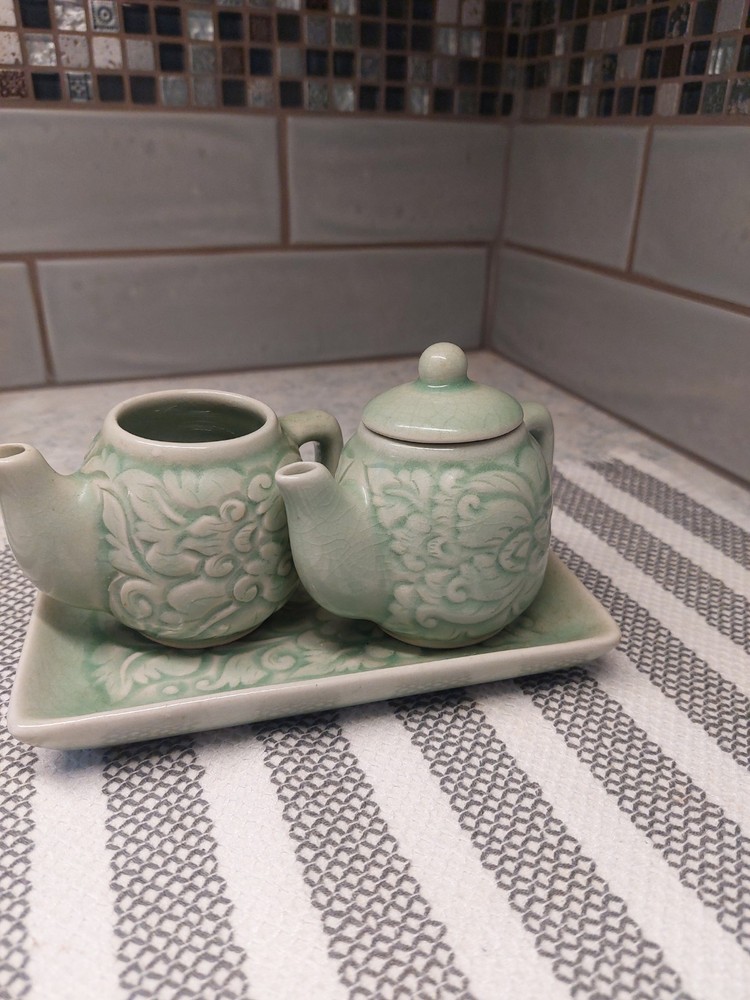 Celadon Green 3 Piece Ceramic Condiment Set *Missing One Lid*