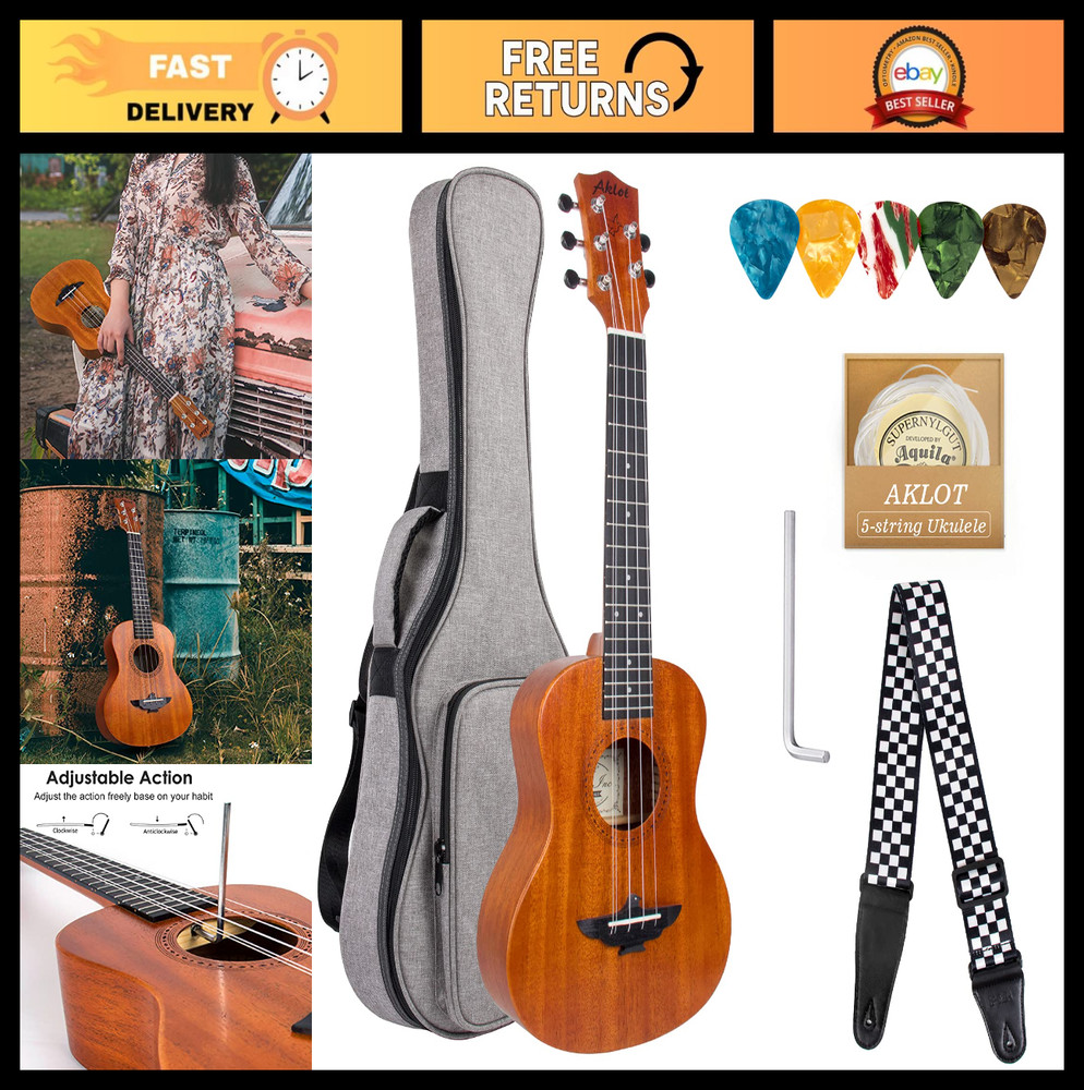 Solid Mahogany Ukulele 26 Inch - Acoustic 5 String for Beginners & Pros