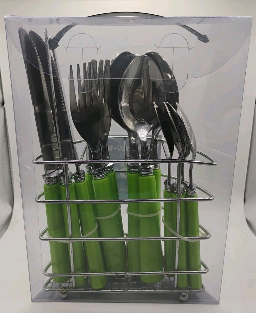 16pc Stainless Steel Flatware Set Green Plastic Handle READ