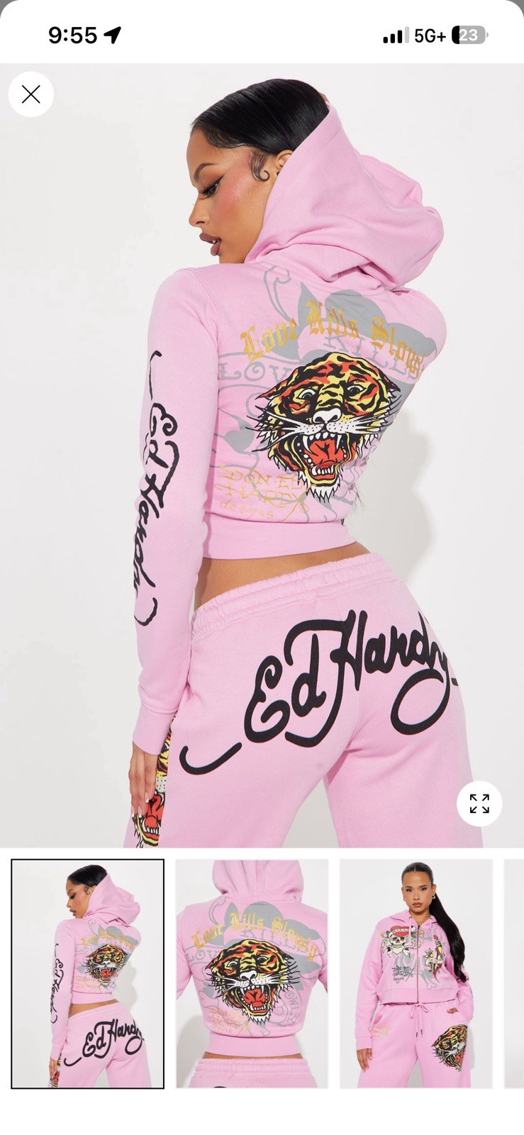 Ed Hardy Pink Cropped Graphic Zip Hoodie Tiger Skull Tattoo for Women