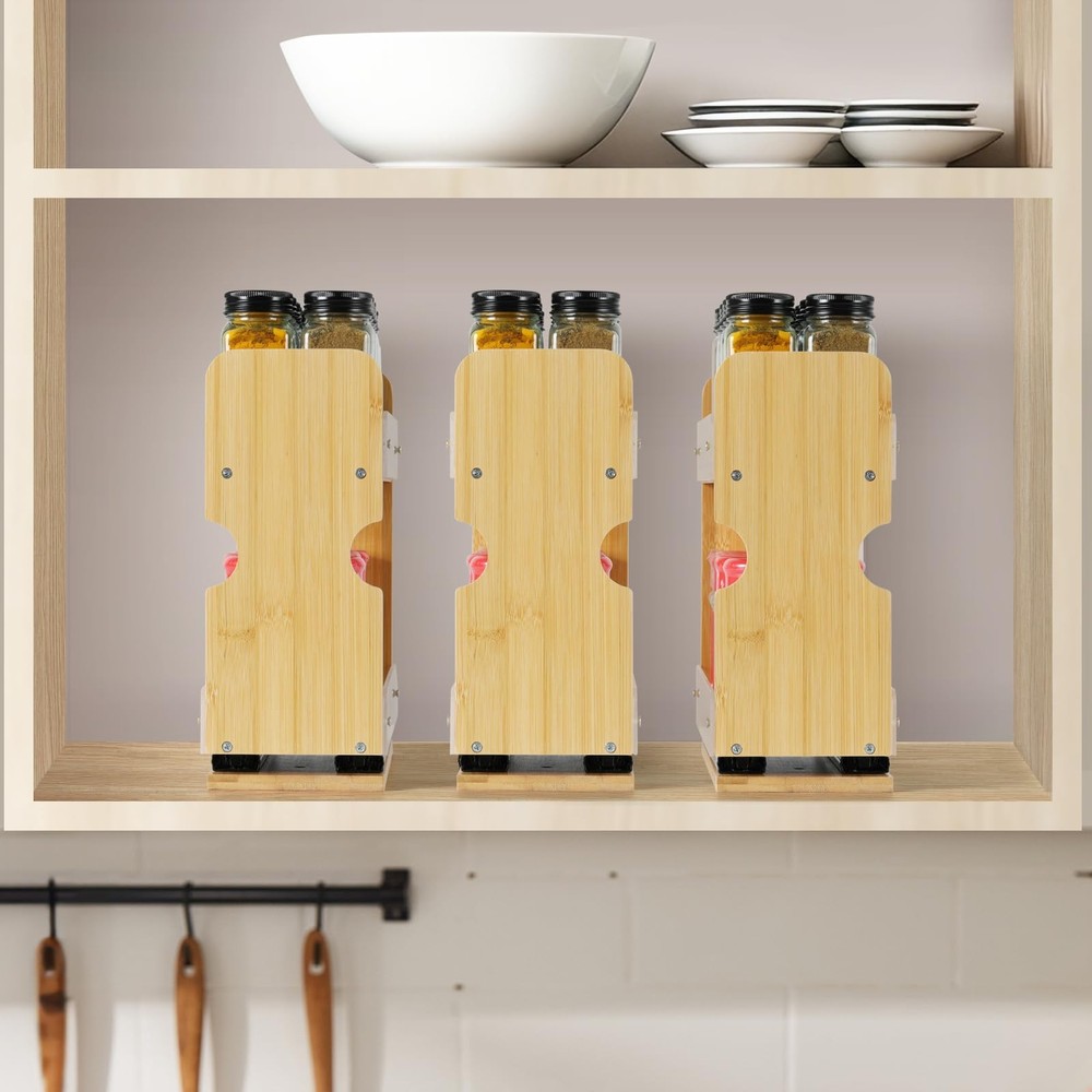 2 Tier Pull Out Spice Rack Organizer, Bamboo Sliding Spice Rack for Kitchen C...