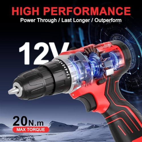 Cordless Power Drill Set: 12V Electric Drill 12V - 1 Battery - Red - Basic