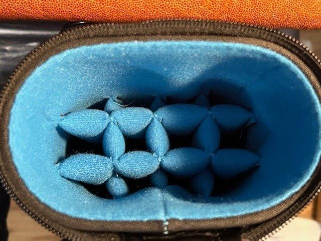 TNT 4x8 Black Nylon Pool Cue Case. Blue interior. Back Pack Straps.