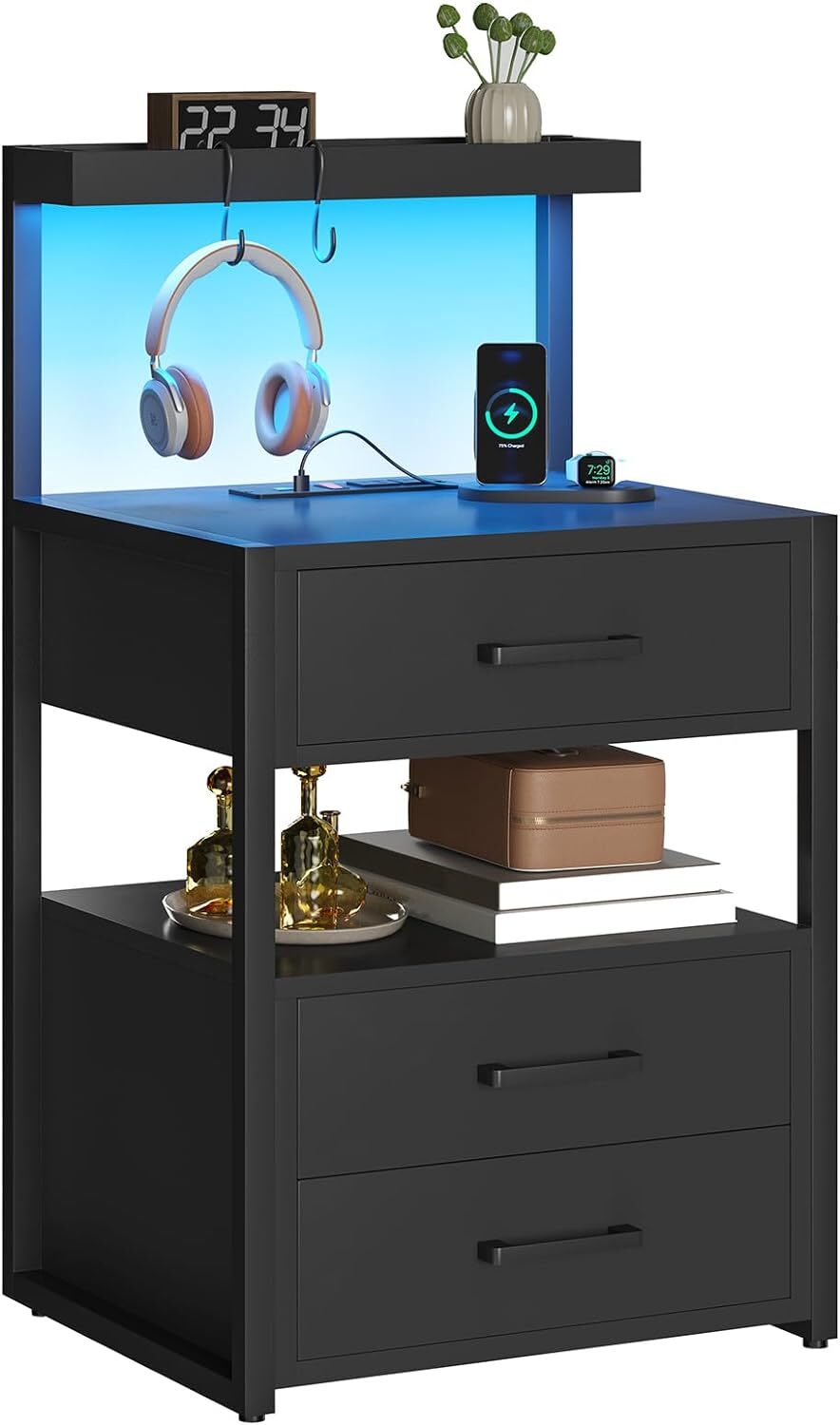 Led Nightstand with Charging Station, 3 Drawers Night Stand, Black Bedside Table