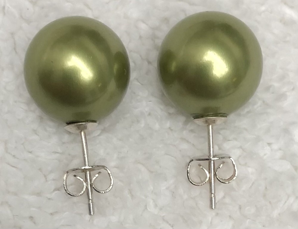 Pearl Stud Earrings Leaf Green Sheen 12mm