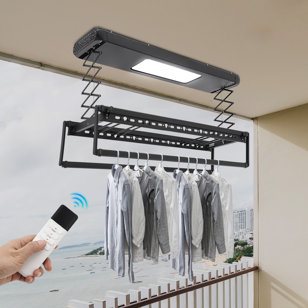 Electric Retractable Airing Rack Clothes Drying Rack W/ Remote Control & Light