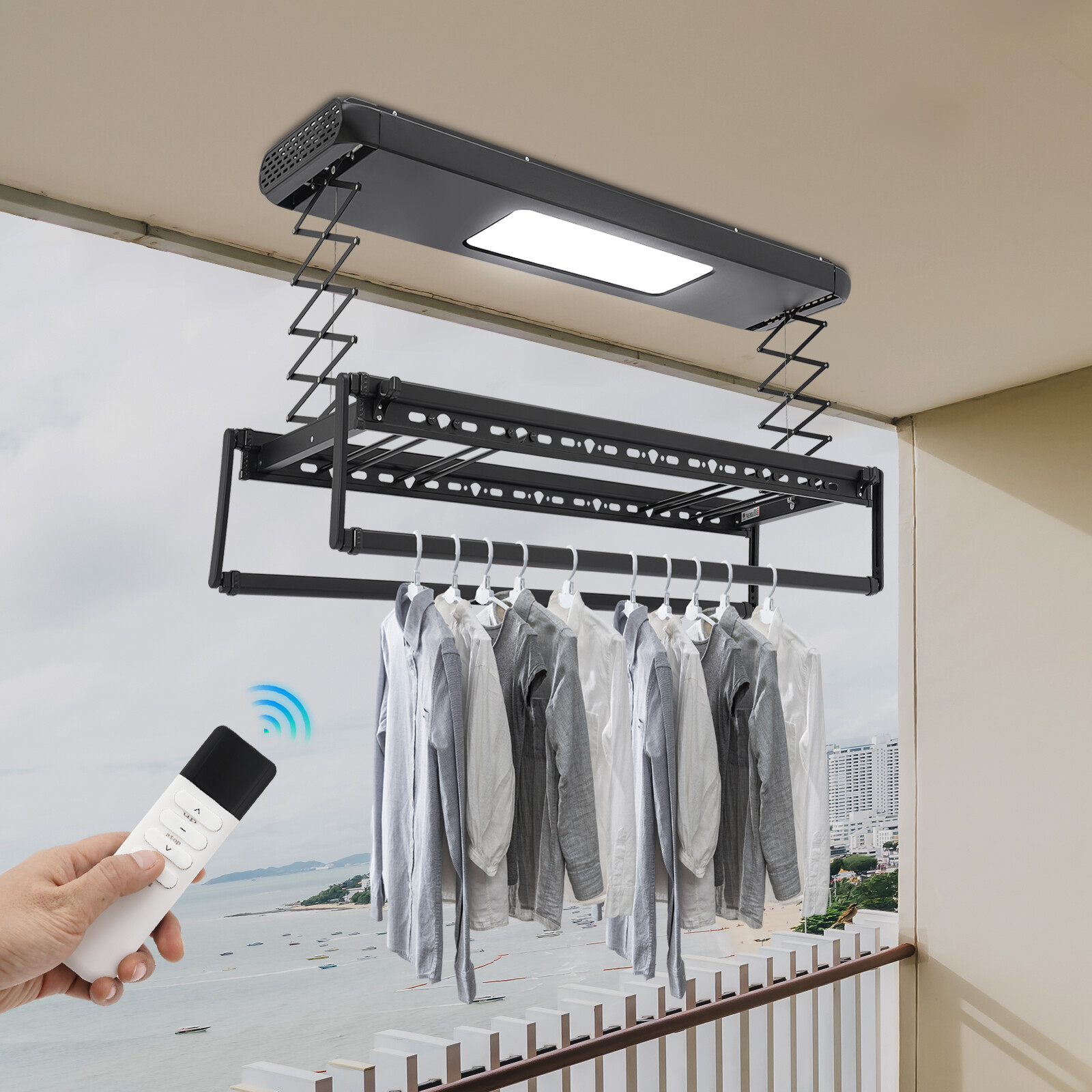 Wall and Ceiling Clothesline, Electrical Drying Rack w/ 8 Rod & Light Up Lamps