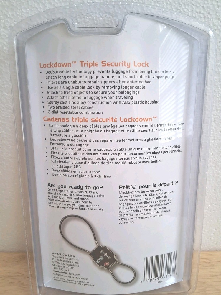 Lewis N. Clark Triple Security Lock - Resettable Combination Lock, Black, NIB