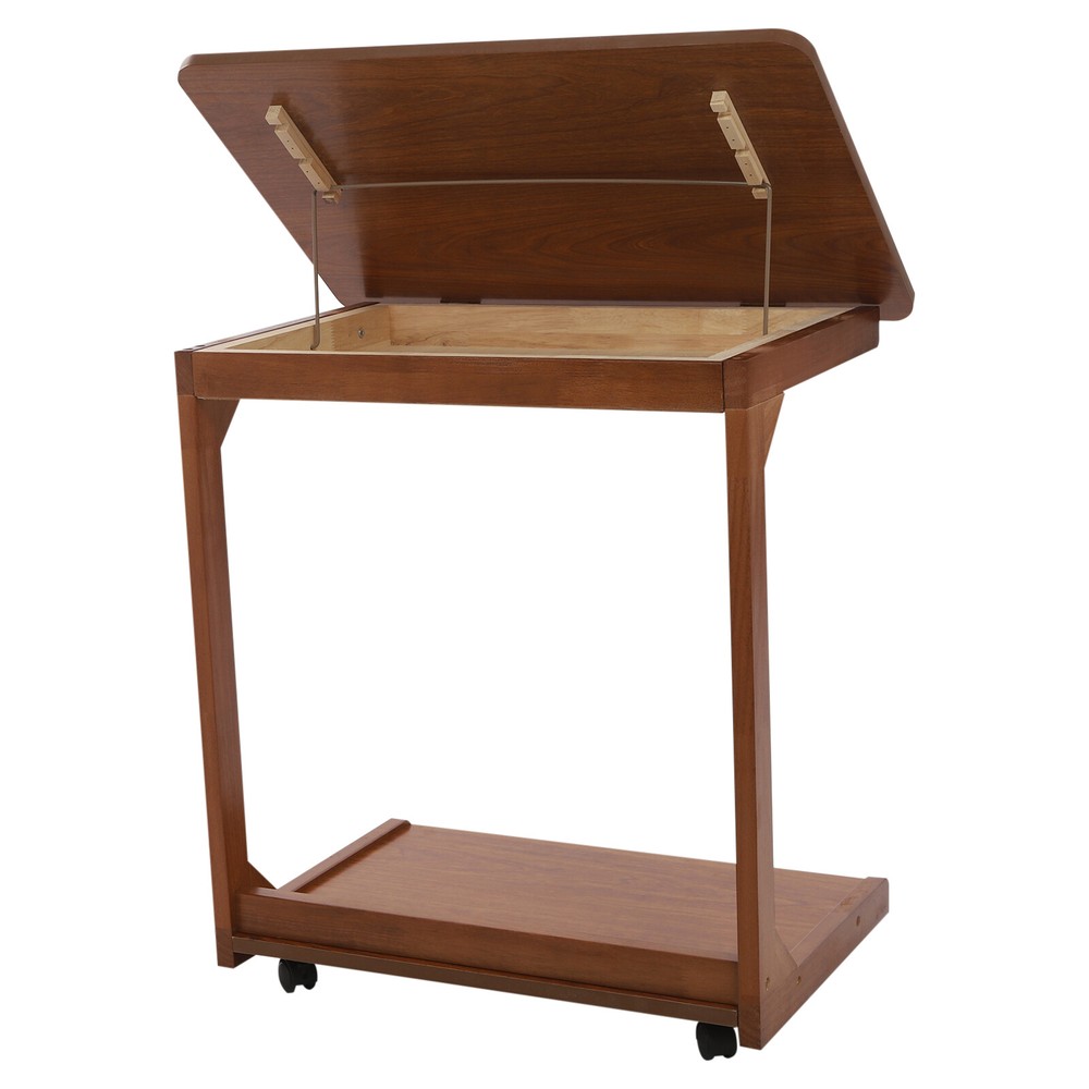2-tier Walnut-Colored Adjustable Angle C-Shaped End Table With 4-Wheels 55.12lbs