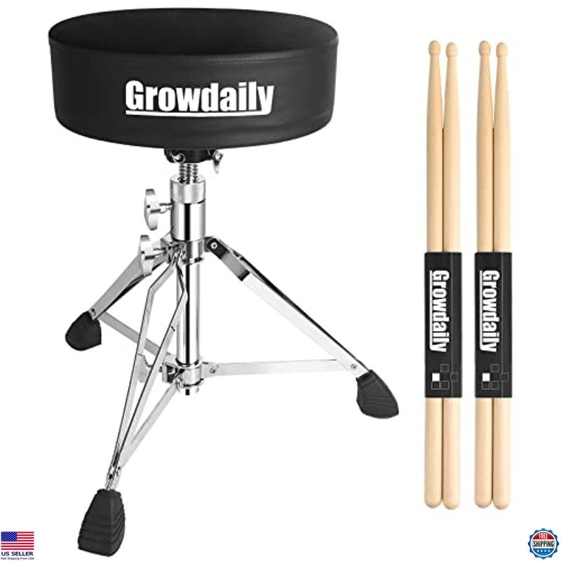 Adjustable Drum Throne Seat Black, Plush Padded Stool with 2 5A Drumsticks