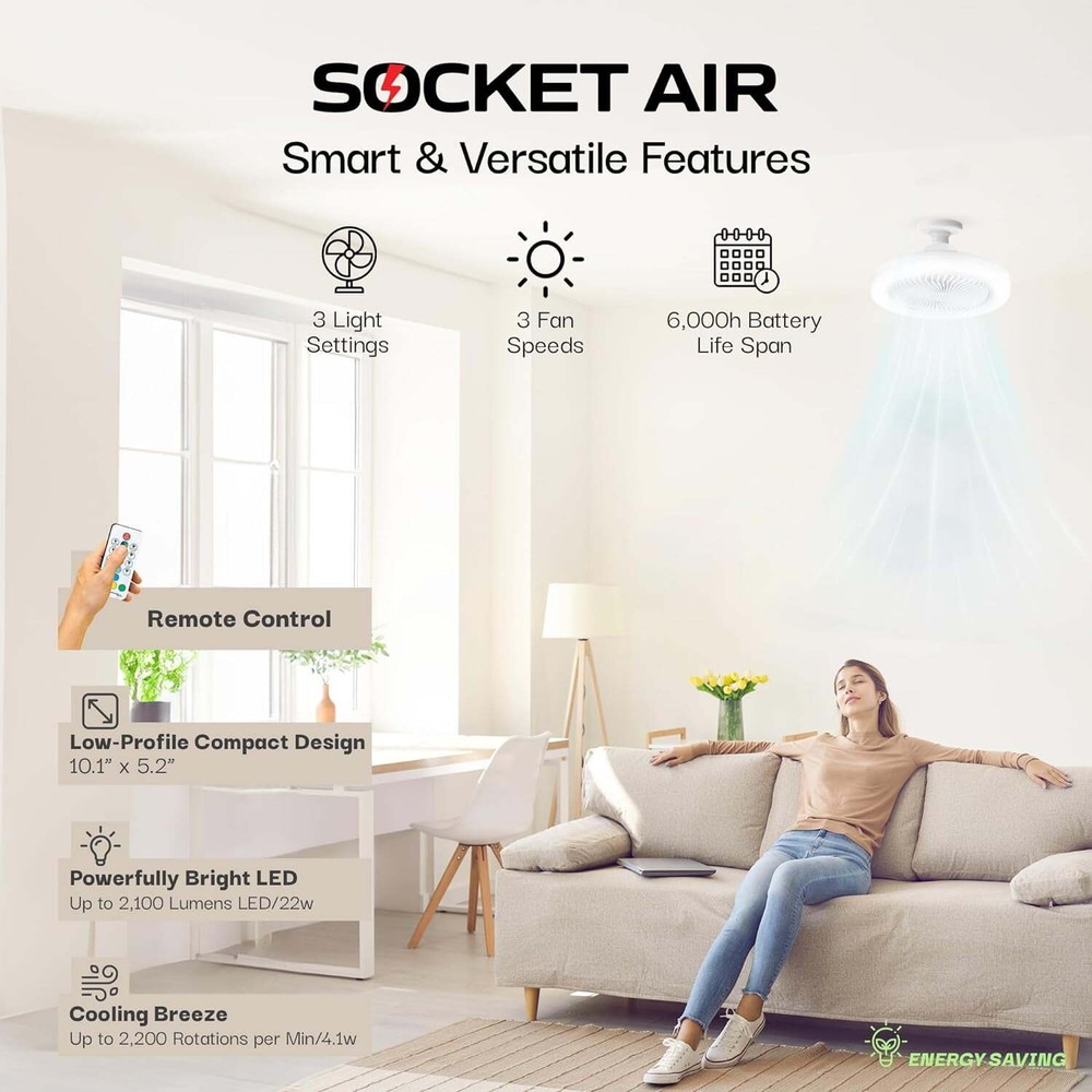 Bell + Howell Socket Fan Ceiling Fan Light Indoor with Remote Dimmable LED