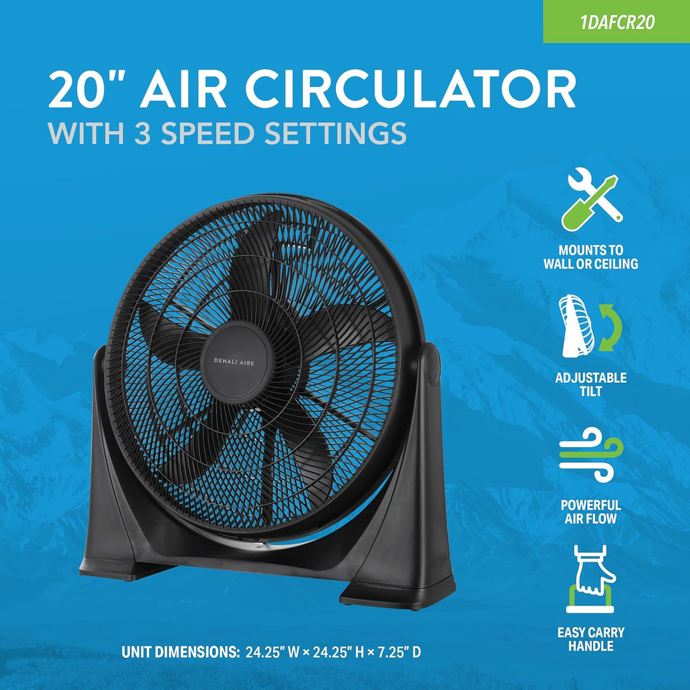 Versatile 20" Air Circulator Fan - Wall, Floor, Ceiling Mount, 3 Speeds