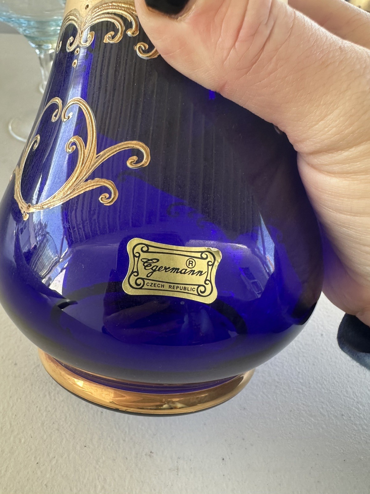 Antique Bohemian Moser Cobalt Blue Enamel Flowers Decanter & 6 Glasses Set