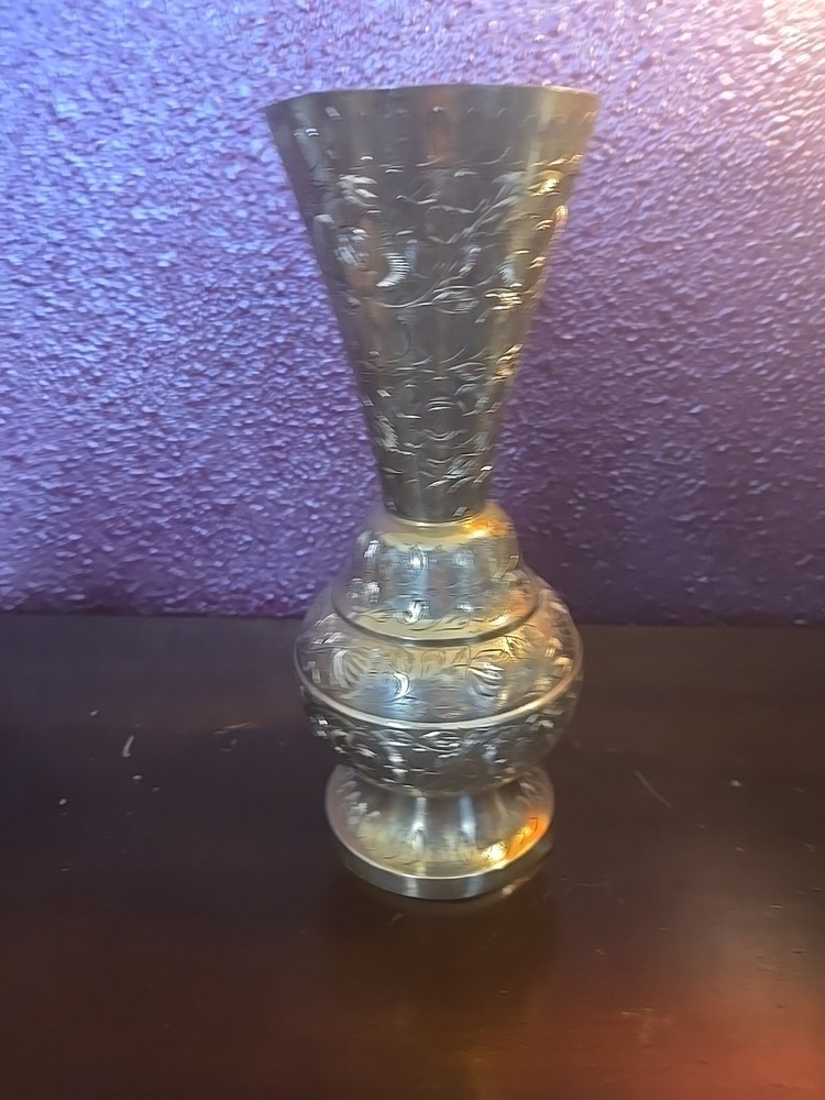 Antique Kasmiri Style Etched Solid Brass Fluted Vase India Makers Msrk On Bottom