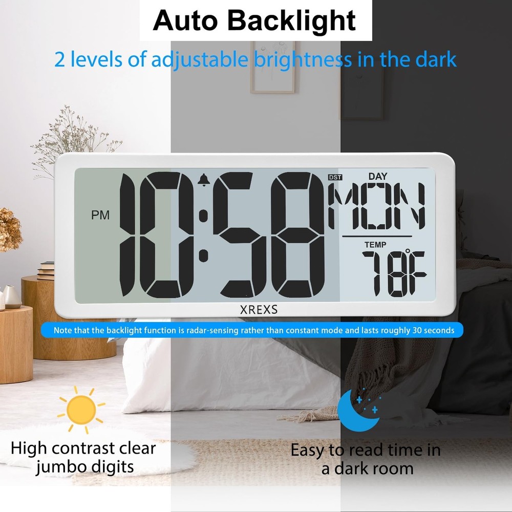 XREXS Digital Wall Clock with Backlight (Not Constantly Illuminated), 14.17 I...