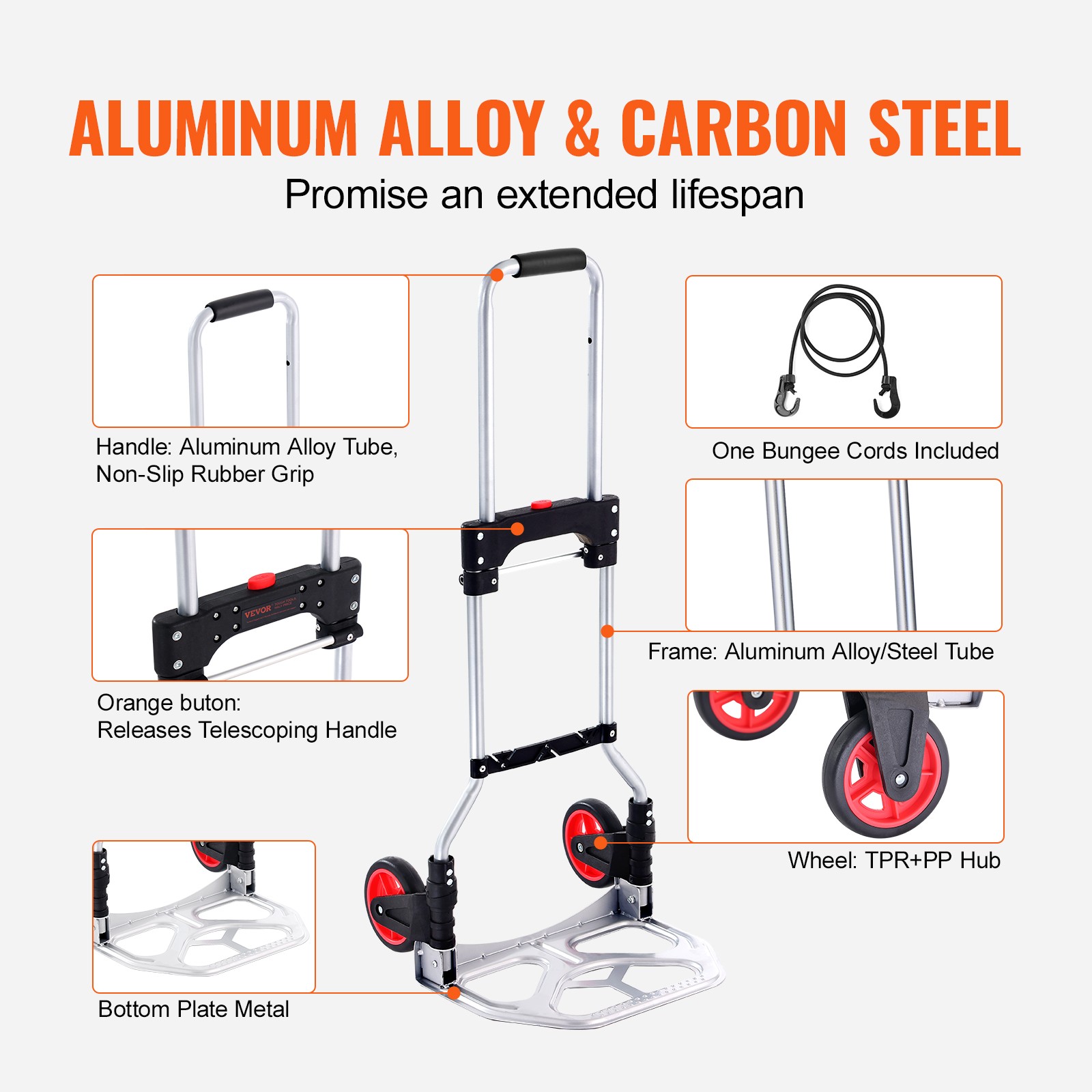 Folding Hand Truck Aluminum Luggage Trolley Cart Dolly 176 lbs Bungee Cord
