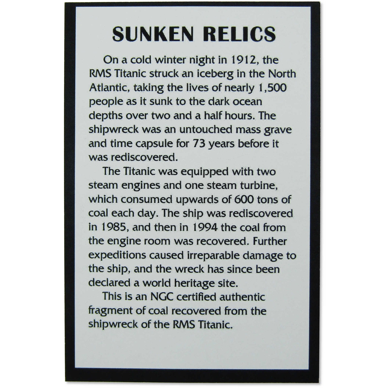 Coal Recovered from the RMS Titanic Sunken Relics NGC SKU:OPC129