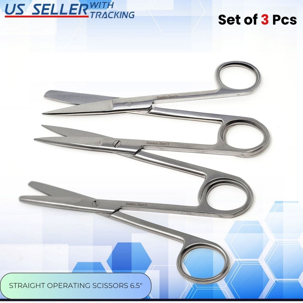 3pcs Operating Scissors 6.5" Straight Sharp-Blunt Points Surgical Instruments