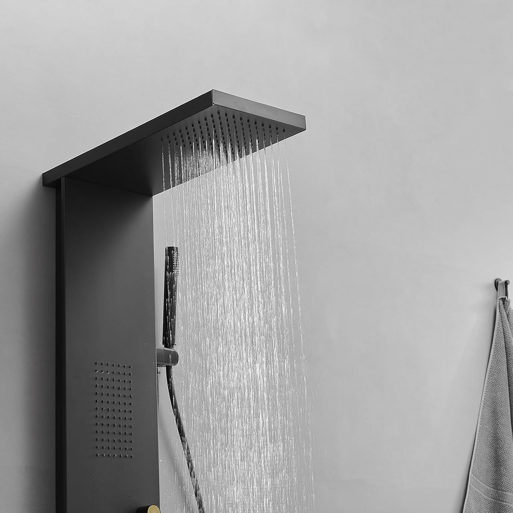 Black Stainless Steel Shower Panel with Rainfall, Jets & Handheld 3-Functions