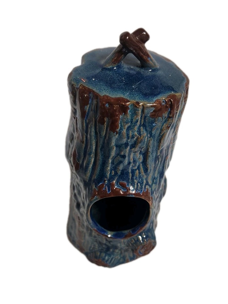 Blue Ceramic Tree Trunk Wood Grain Birdhouse