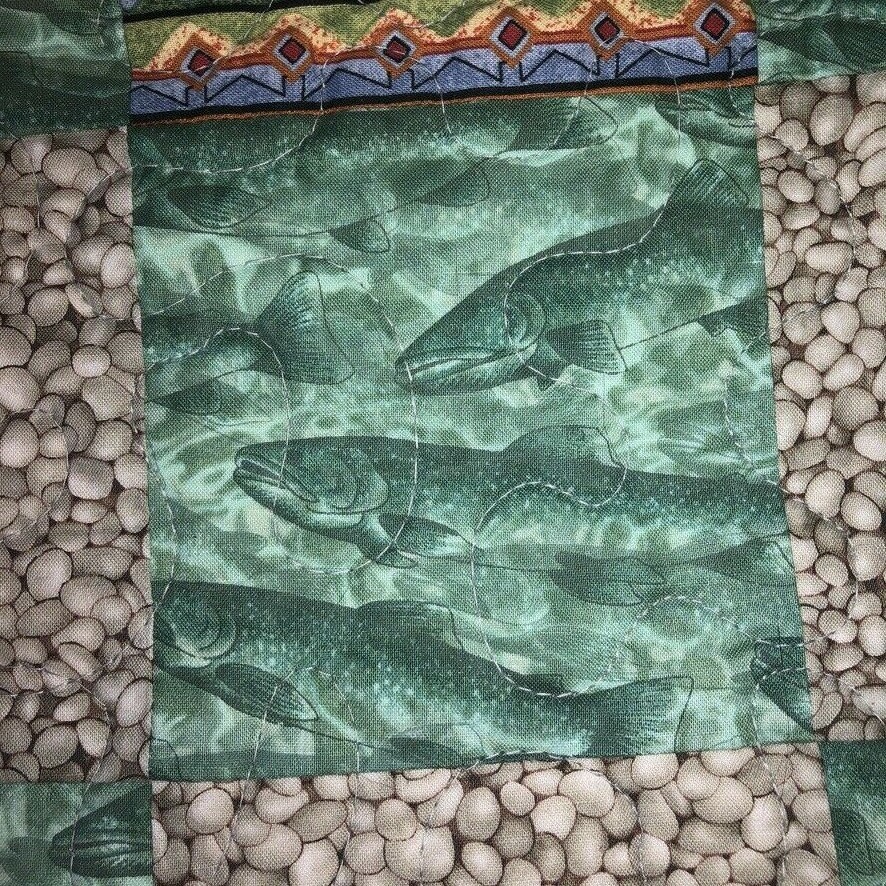 Handmade Patchwork Lap Quilt 34"x47" Multicolor Fish Pebbles Aztec Geometric EUC