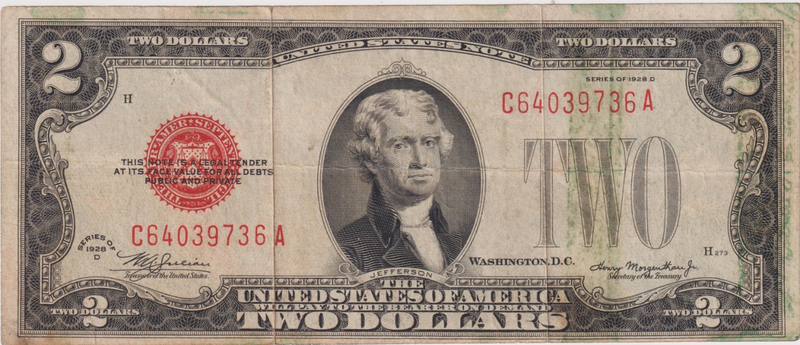 1928 D $2 Red Seal Two Dollar Bill 1928D United States Legal Tender Note Fr 1505