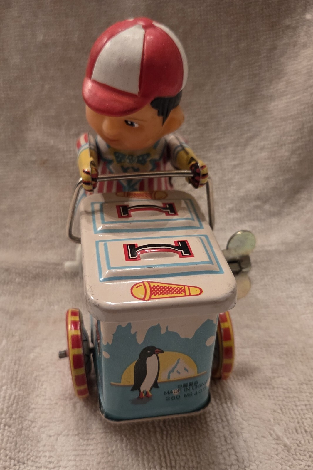 VINTAGE 80s WIND UP TIN LITHO TOY ICE CREAM VENDOR CHINA
