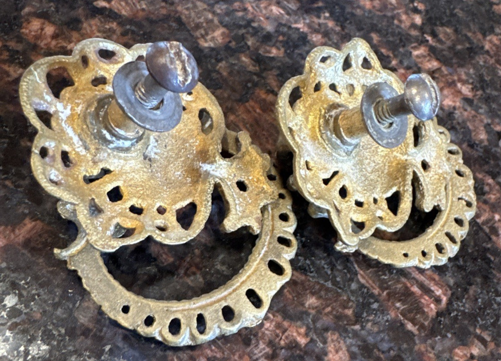 2 Antique Cast Bronze Drawer Drop Bail Handle Pulls