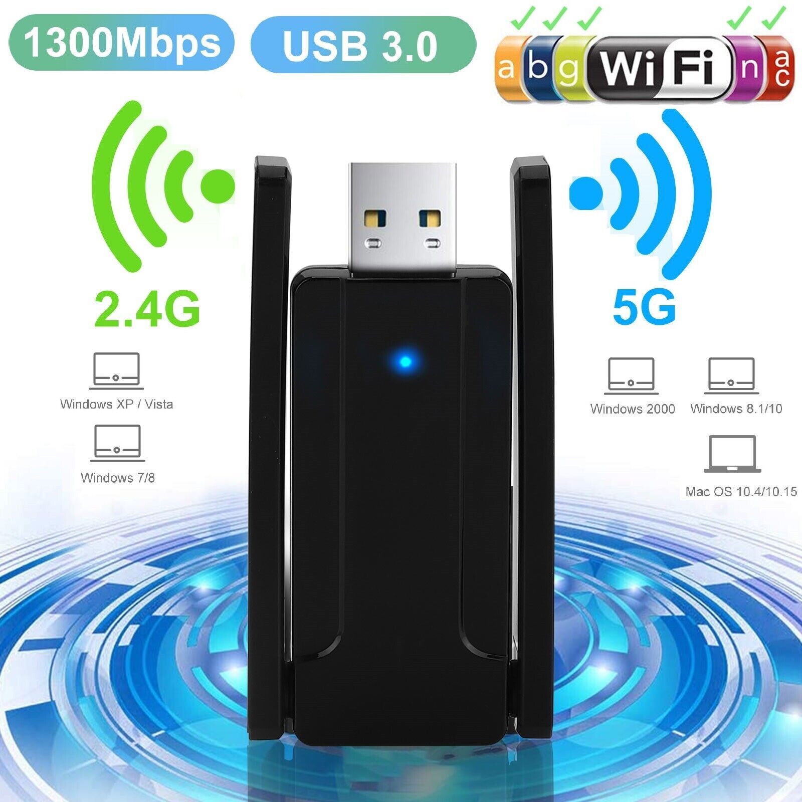1300Mbps Long Range 5dBi Dual Band 5/2.4GHz Wireless USB3.0 WiFi Adapter Antenna