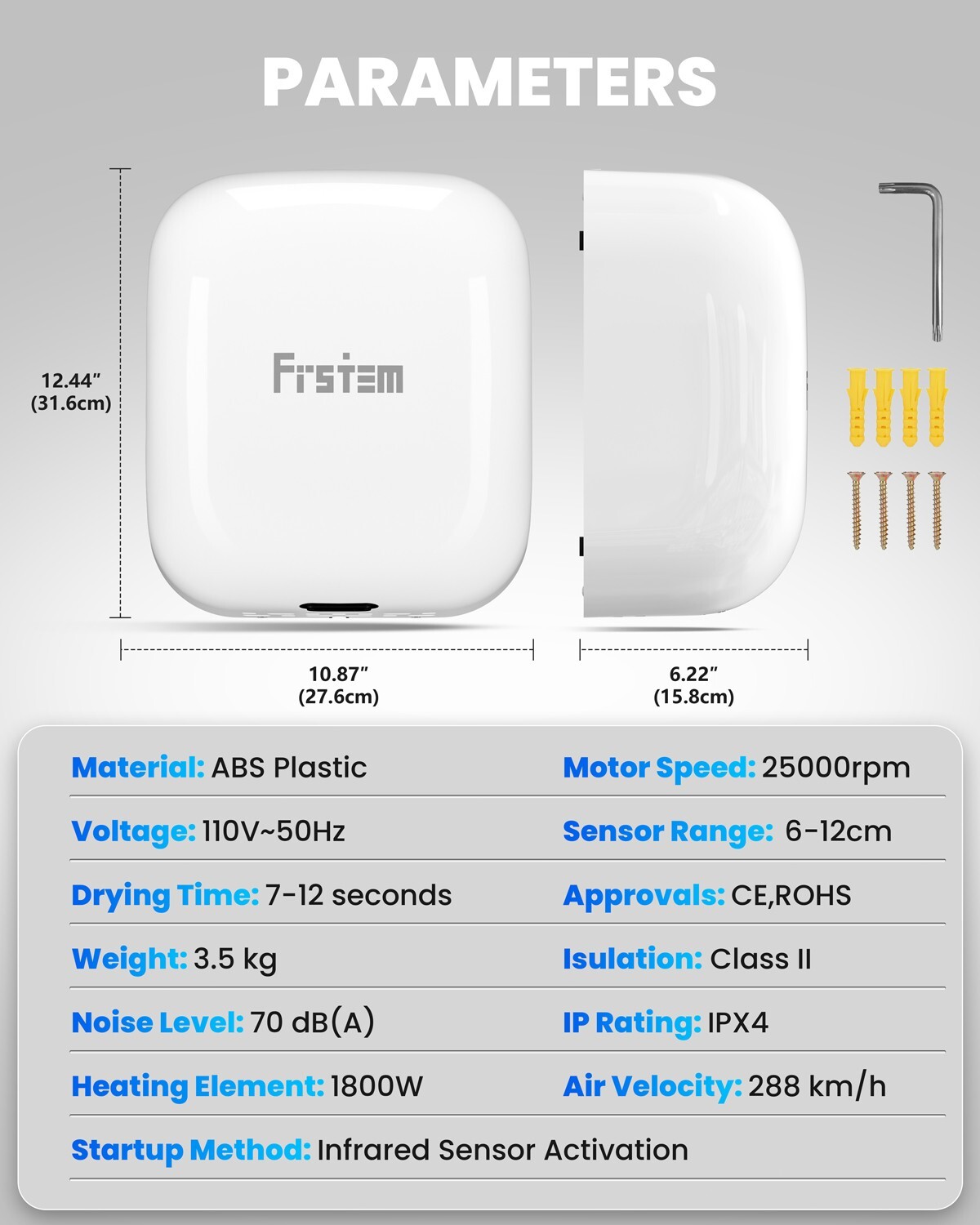 1800W Commercial Hand Dryers, Auto High Speed Hand Dryer Auto-Infrared Sensor US