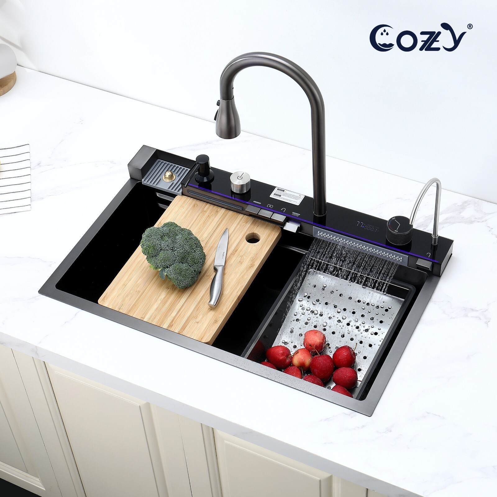 Multifunctional Workstation Overmount Kitchen Sink Faucet Combo & Cutting Board