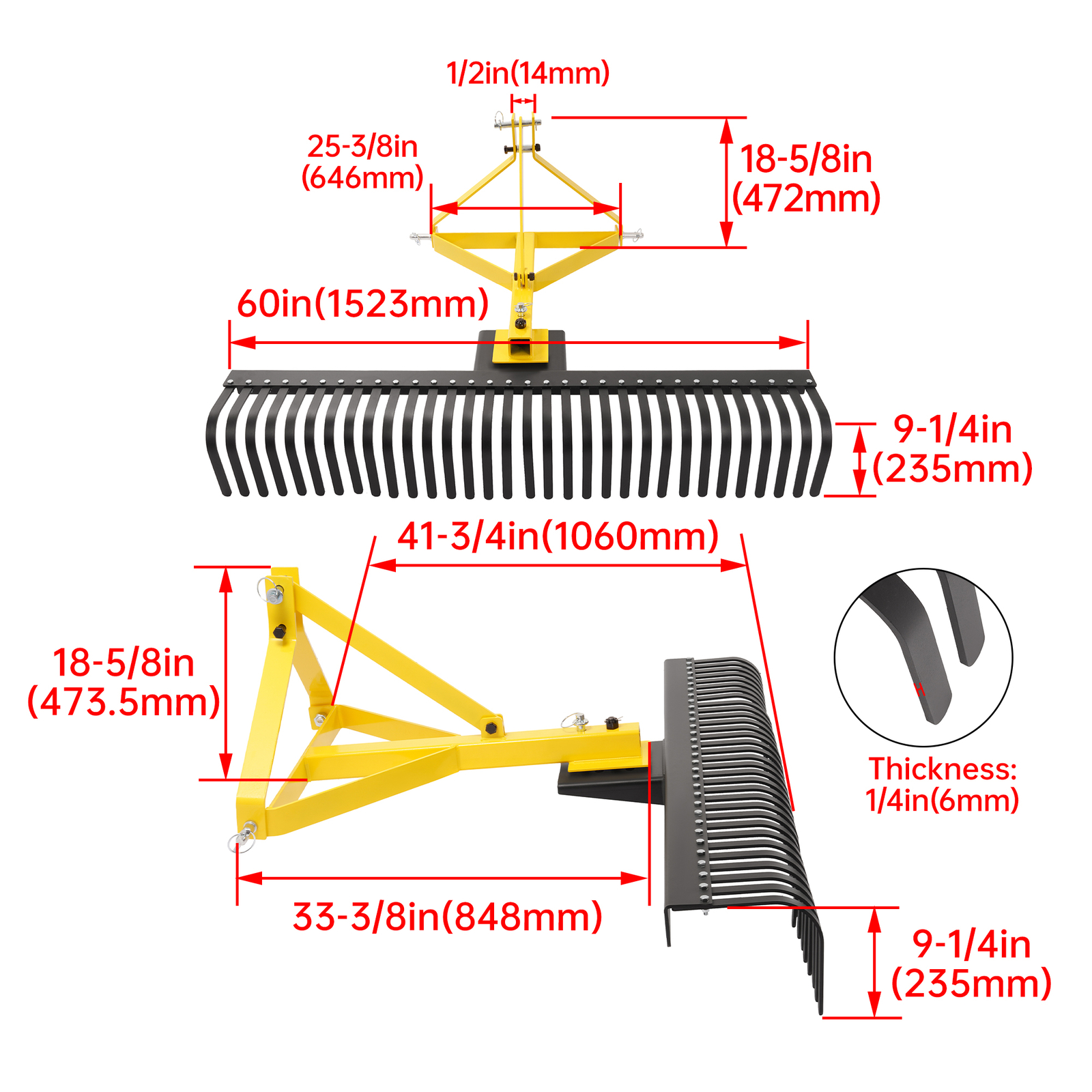 3-Point 60" 5 FT Landscape Rake For Cat 1 Tractors Attachment Soil Gravel Lawn