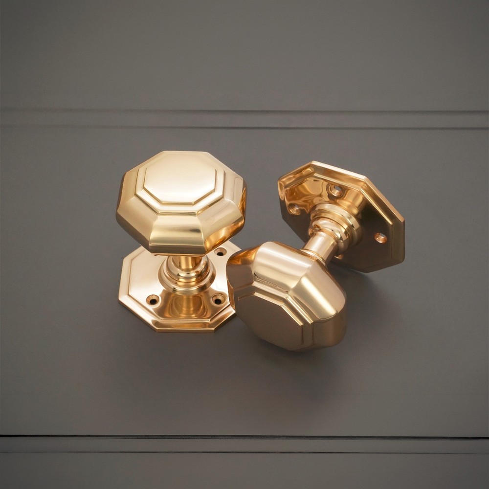 Door Knob Pair of Solid Octagonal Large Mortice Pull Handle Set Brass & Nickel