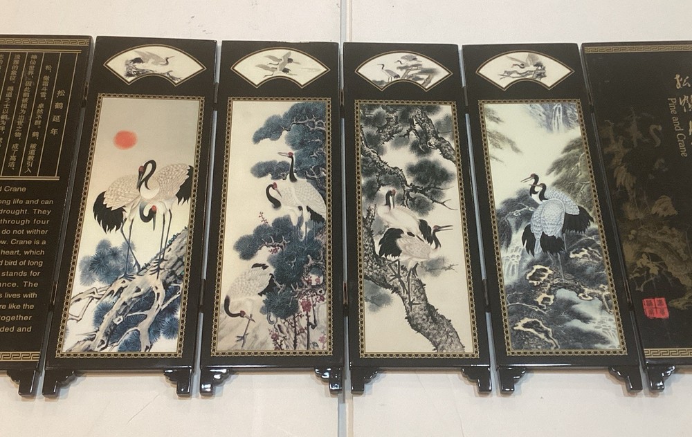6 Panel Divider Mini Folding Screen Chinese Lacquerware Pine And Crane