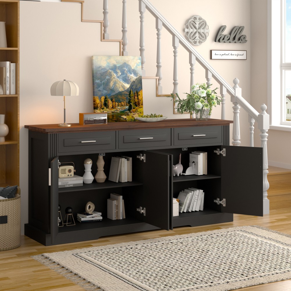 Modern Fluted Sideboard Buffet w/4 Doors & 3 Drawers for Kitchen Dining