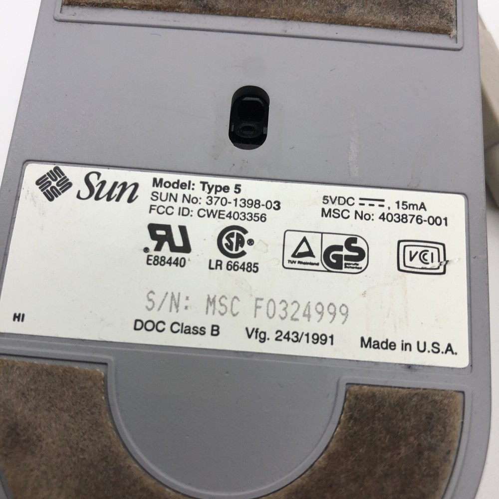 Sun OPTICAL 3 Button Mouse # 370-1398 Sun Micro Systems Model: TYPE 5 RARE