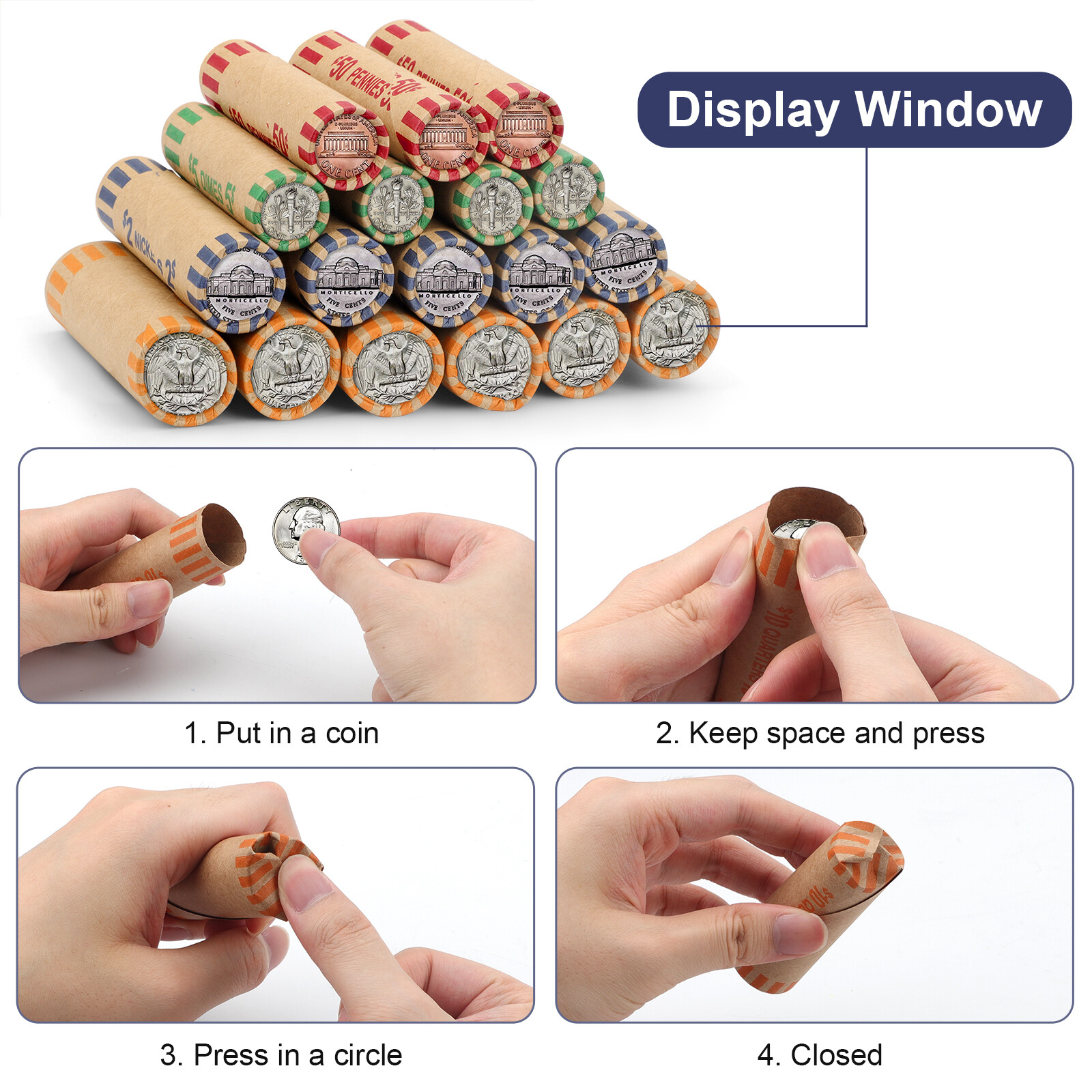 128pcs Assorted Preformed Coin Wrappers Rolls, Change Paper Rolls Wrapping Tubes