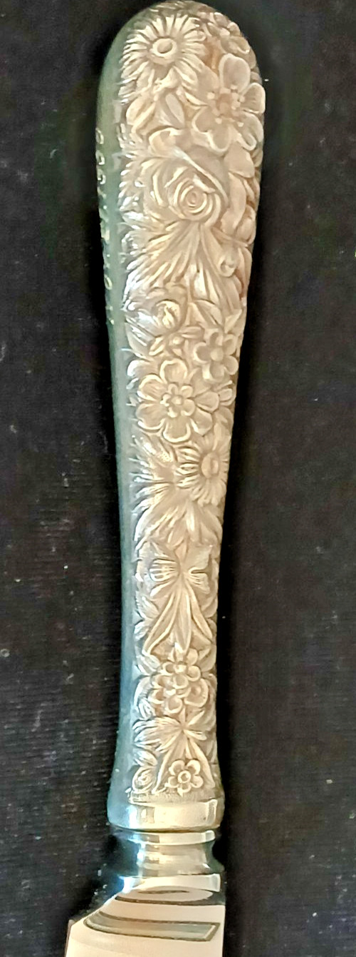 S Kirk and Son Repousse sterling silver stainless handle fish knife 10 3/8" Mng