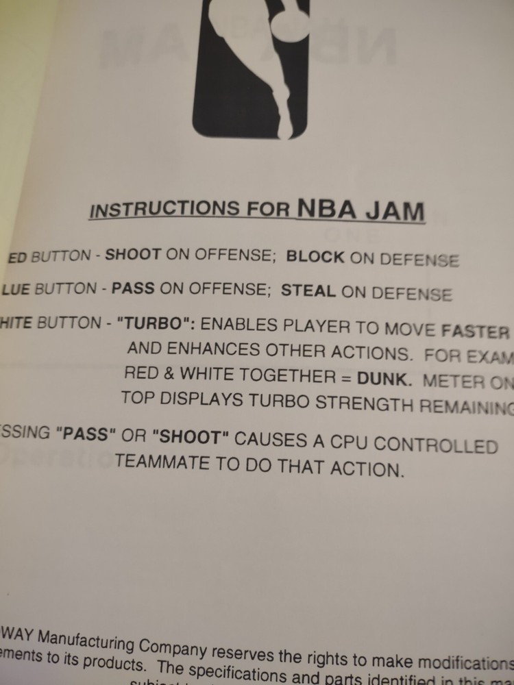 1993 NBA JAM Kit Basketball Arcade Machine Operation Manuals Problem Diagnostics