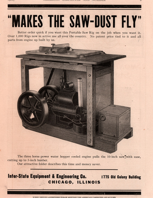 1910 A AD INTER STATE EQUIPMENT ENGINEERING CO WATER HOPPER TABLE SAW