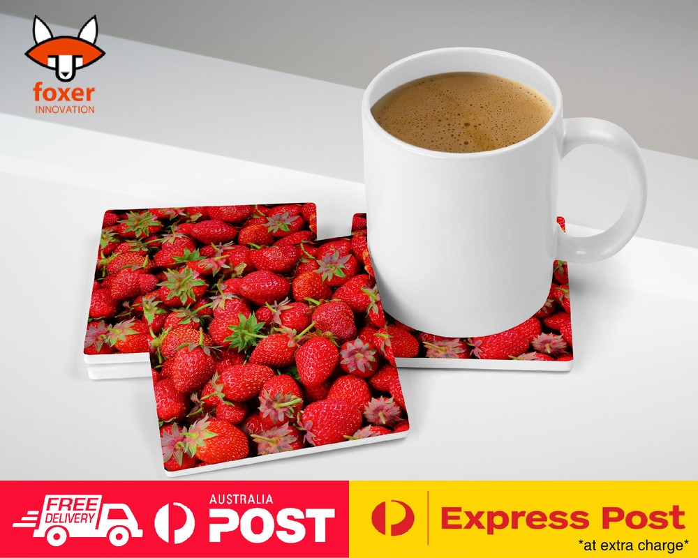 COASTER COFFEE DRINKING MAT|RED STRAWBERRIES FRUIT WALLPAPER