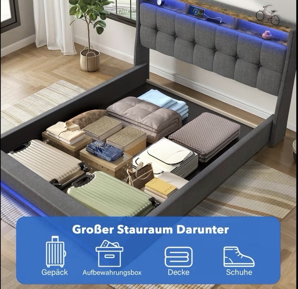 Modern double bed with LED, linen container and padded backrest