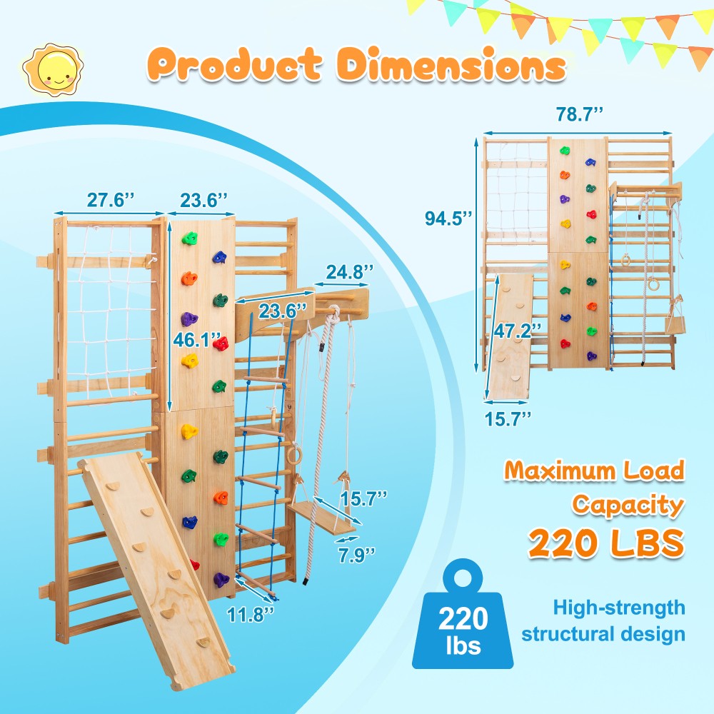 Indoor Climbing Set Rock Climbing Wall Wooden Swings Gymnastic Rings Rope Ladder